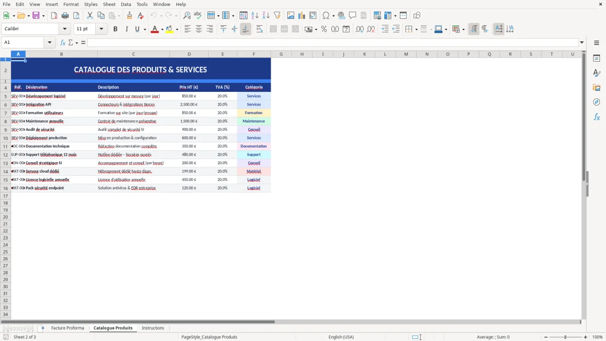 Capture d'écran 2 : Feuille Catalogue Produits - Modèle Excel modèle facture proforma excel