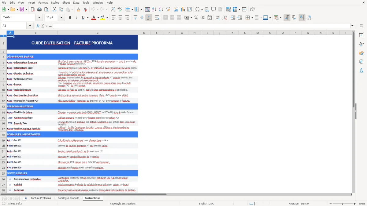 Capture d'écran 3 : Feuille Instructions - Modèle Excel modèle facture proforma excel