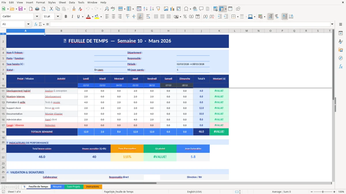 Capture d'écran 1 : Feuille Feuille de Temps - Modèle Excel modèle feuille de temps excel