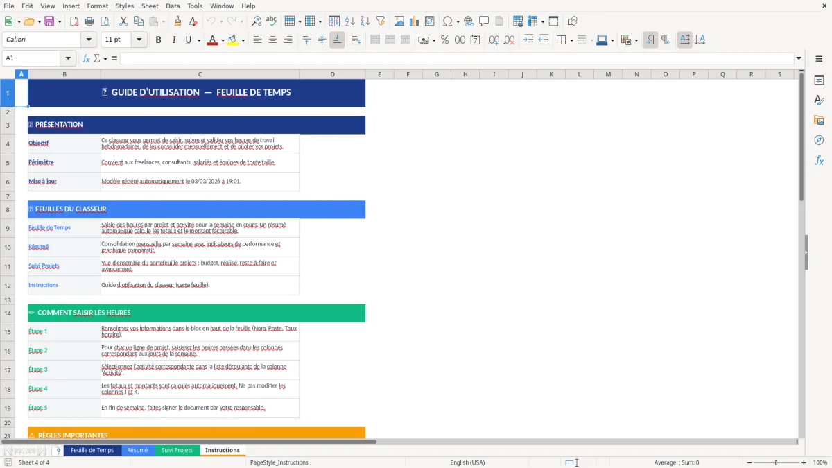 Capture d'écran 4 : Feuille Instructions - Modèle Excel modèle feuille de temps excel