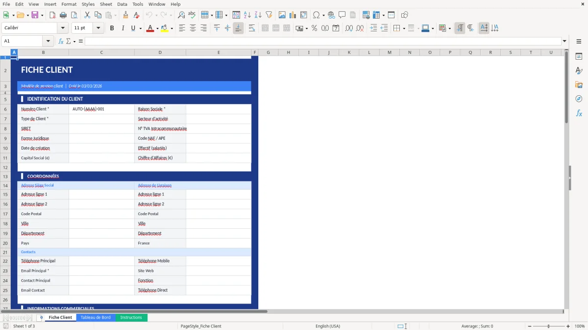 Capture d'écran 1 : Feuille Fiche Client - Modèle Excel modèle fiche client excel
