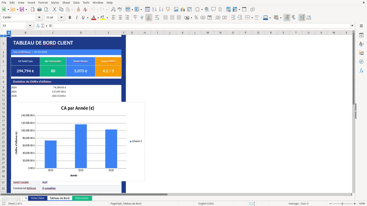 Capture d'écran 2 : Feuille Tableau de Bord - Modèle Excel modèle fiche client excel