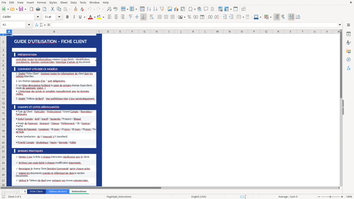 Capture d'écran 3 : Feuille Instructions - Modèle Excel modèle fiche client excel