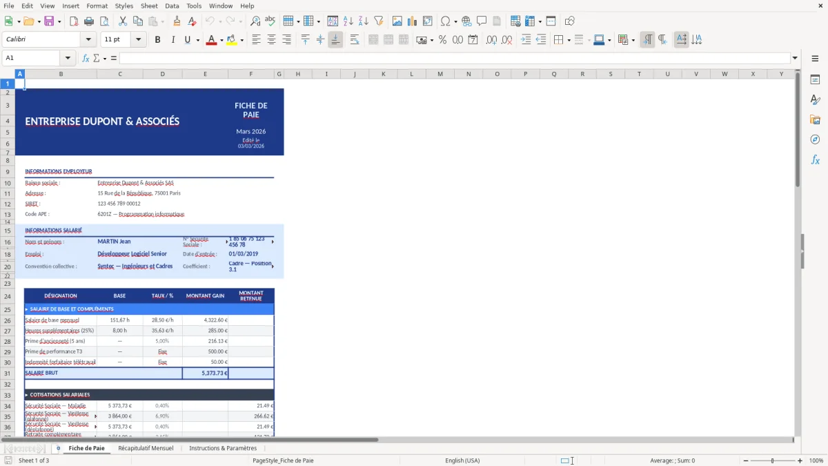Capture d'écran 1 : Feuille Fiche de Paie - Modèle Excel modèle fiche de paie excel