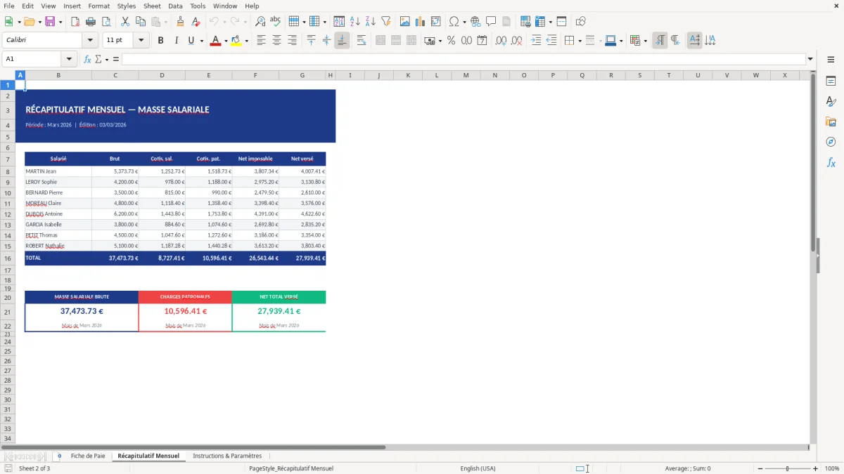 Capture d'écran 2 : Feuille Récapitulatif Mensuel - Modèle Excel modèle fiche de paie excel