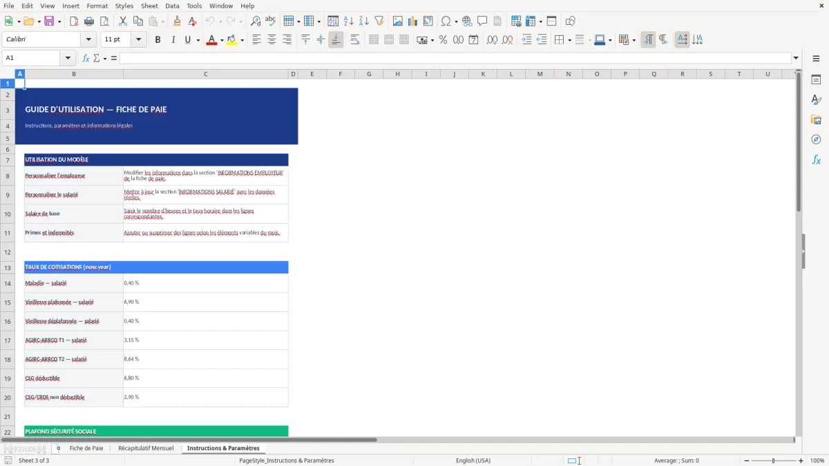 Capture d'écran 3 : Feuille Instructions & Paramètres - Modèle Excel modèle fiche de paie excel