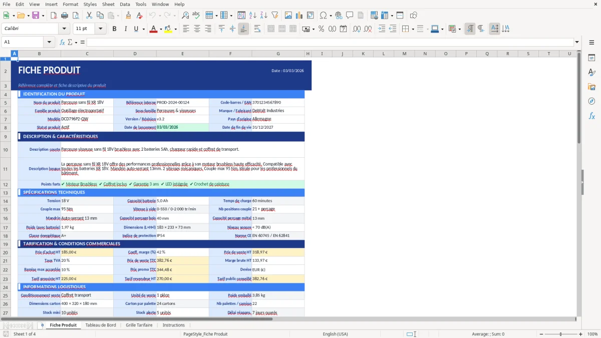 Capture d'écran 1 : Feuille Fiche Produit - Modèle Excel modèle fiche produit excel