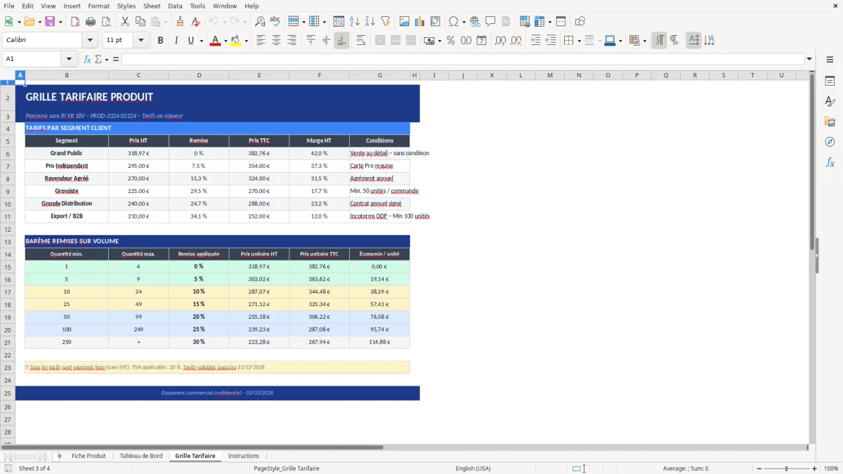 Capture d'écran 3 : Feuille Grille Tarifaire - Modèle Excel modèle fiche produit excel
