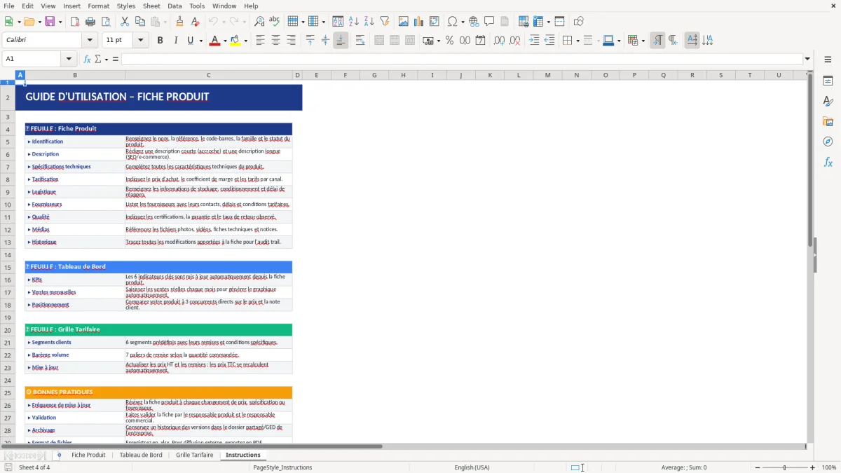 Capture d'écran 4 : Feuille Instructions - Modèle Excel modèle fiche produit excel