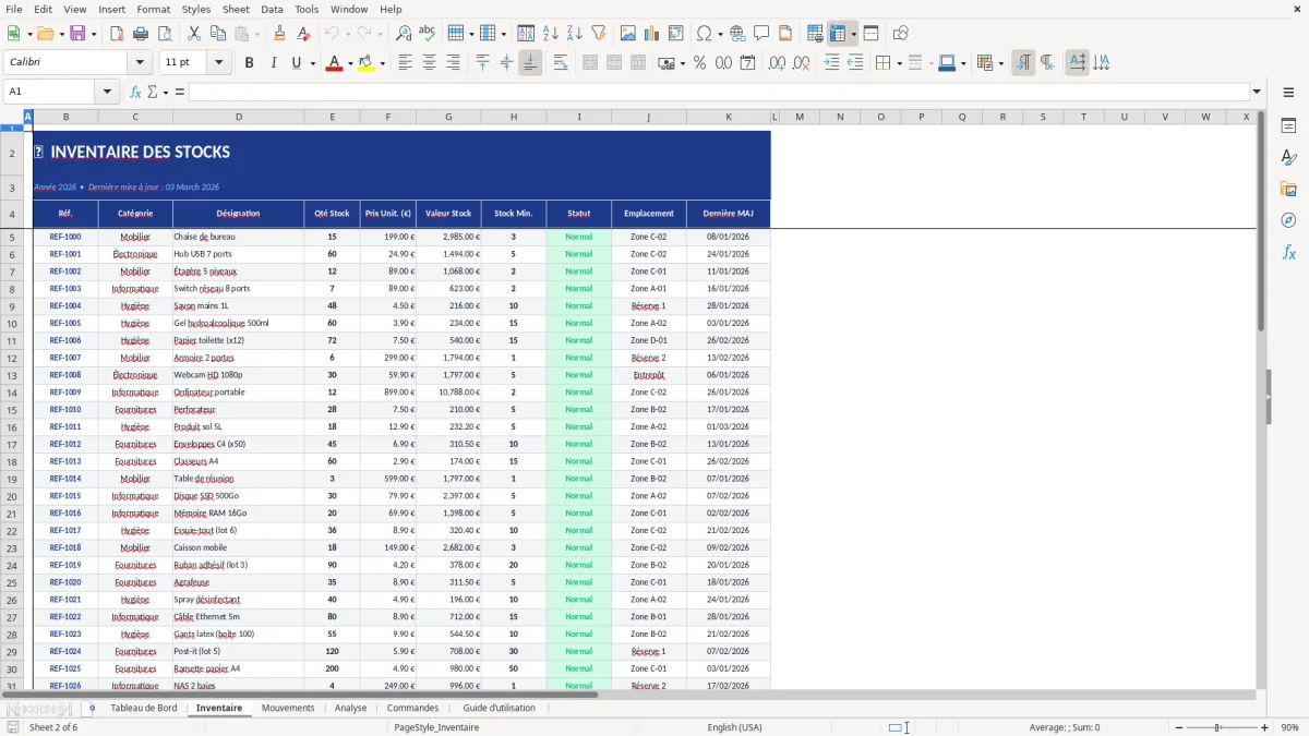 Capture d'écran 2 : Feuille Inventaire - Modèle Excel modèle inventaire stock excel