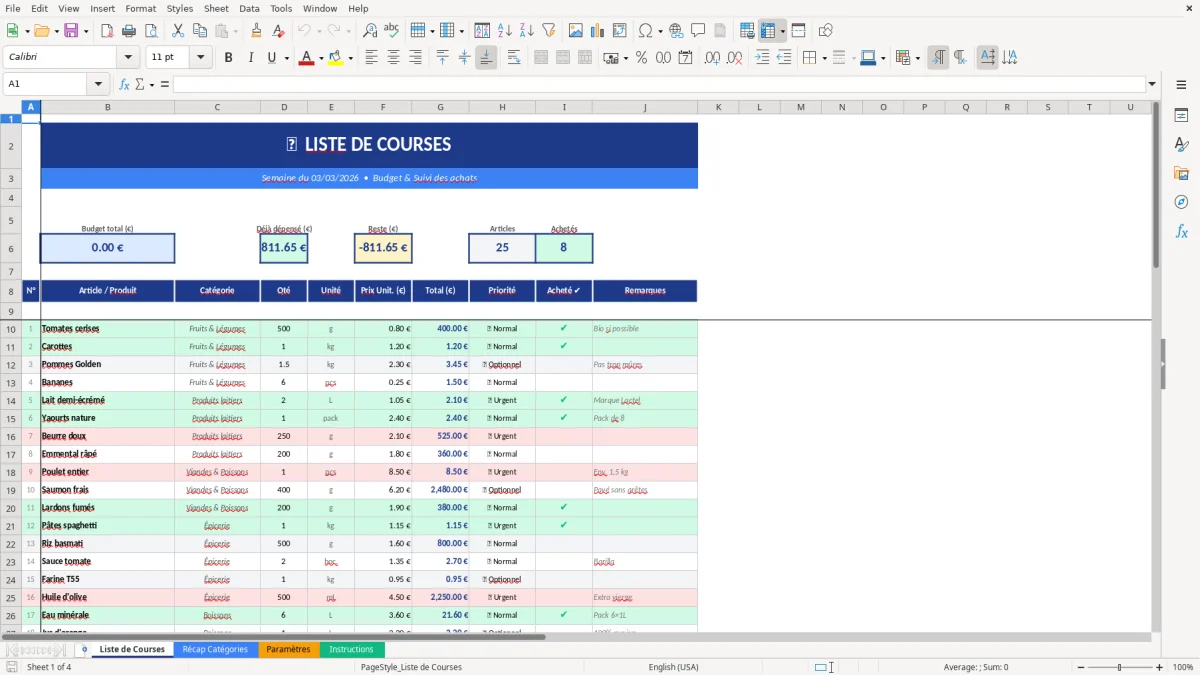 Capture d'écran 1 : Feuille Liste de Courses - Modèle Excel modèle liste de courses excel