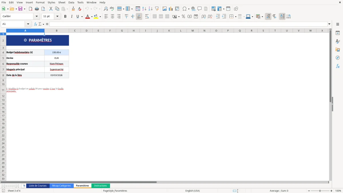 Capture d'écran 3 : Feuille Paramètres - Modèle Excel modèle liste de courses excel