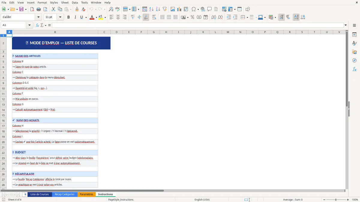 Capture d'écran 4 : Feuille Instructions - Modèle Excel modèle liste de courses excel