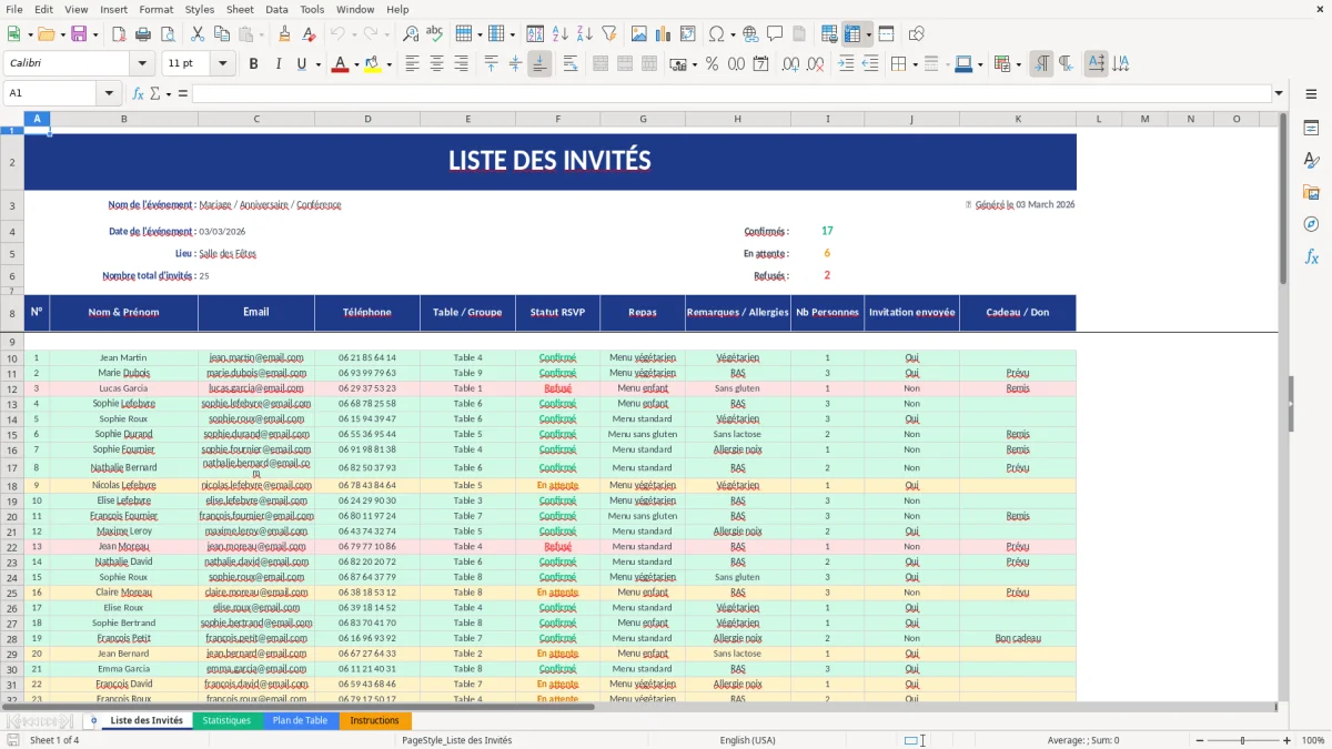 Capture d'écran 1 : Feuille Liste des Invités - Modèle Excel modèle liste invités excel