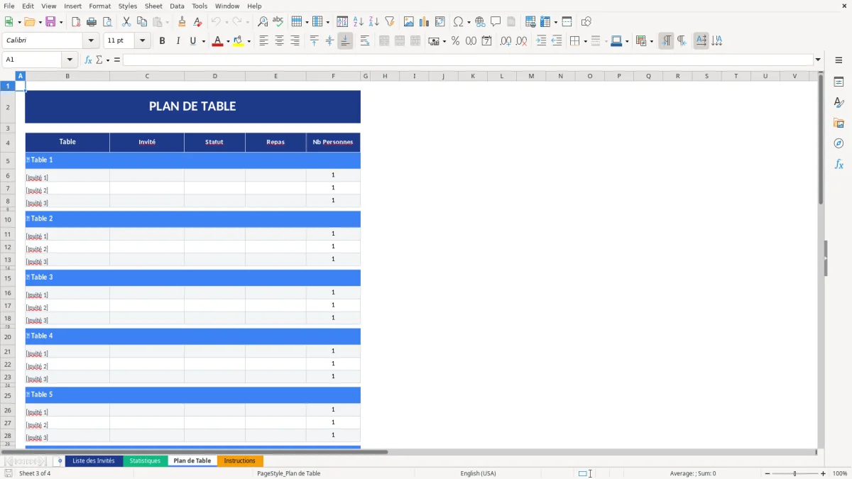 Capture d'écran 3 : Feuille Plan de Table - Modèle Excel modèle liste invités excel