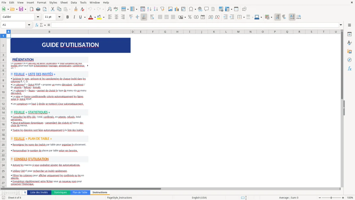 Capture d'écran 4 : Feuille Instructions - Modèle Excel modèle liste invités excel