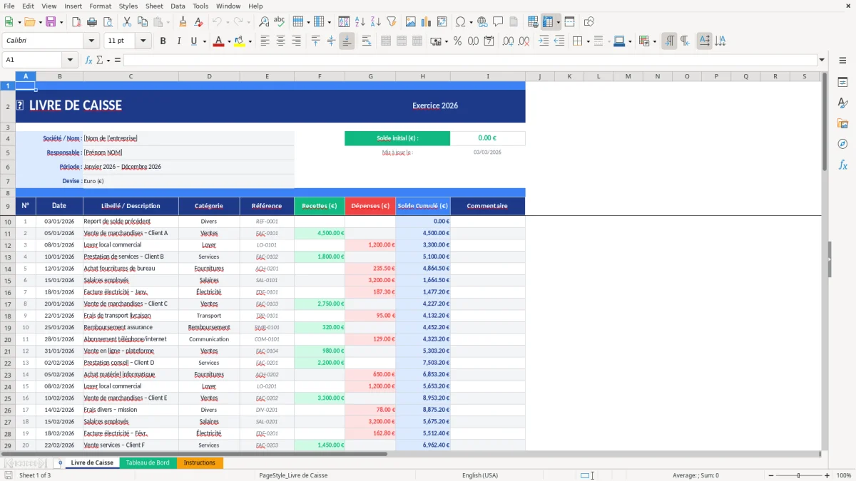 Capture d'écran 1 : Feuille Livre de Caisse - Modèle Excel modèle livre de caisse excel