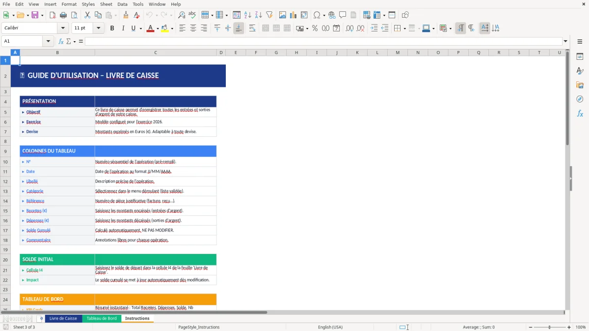Capture d'écran 3 : Feuille Instructions - Modèle Excel modèle livre de caisse excel