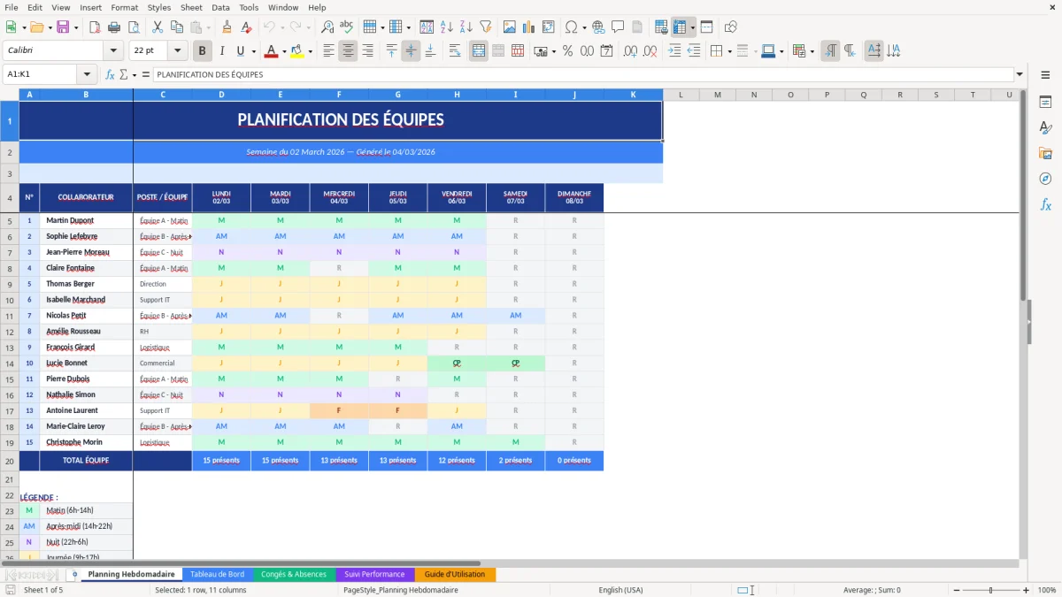 Capture d'écran 1 : Feuille Planning Hebdomadaire - Modèle Excel modèle planification équipes excel