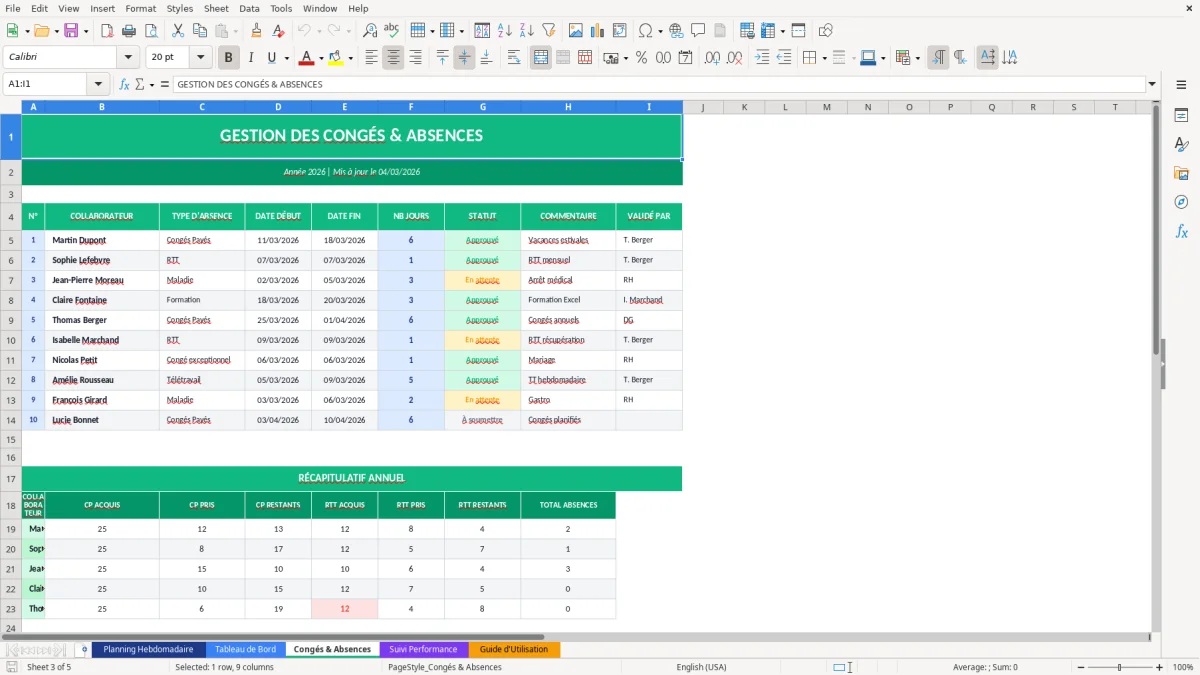 Capture d'écran 3 : Feuille Congés & Absences - Modèle Excel modèle planification équipes excel