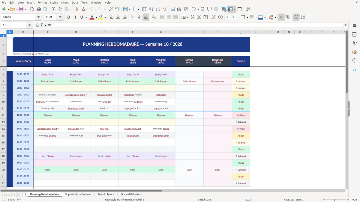 Capture d'écran 1 : Feuille Planning Hebdomadaire - Modèle Excel modèle planning hebdomadaire excel