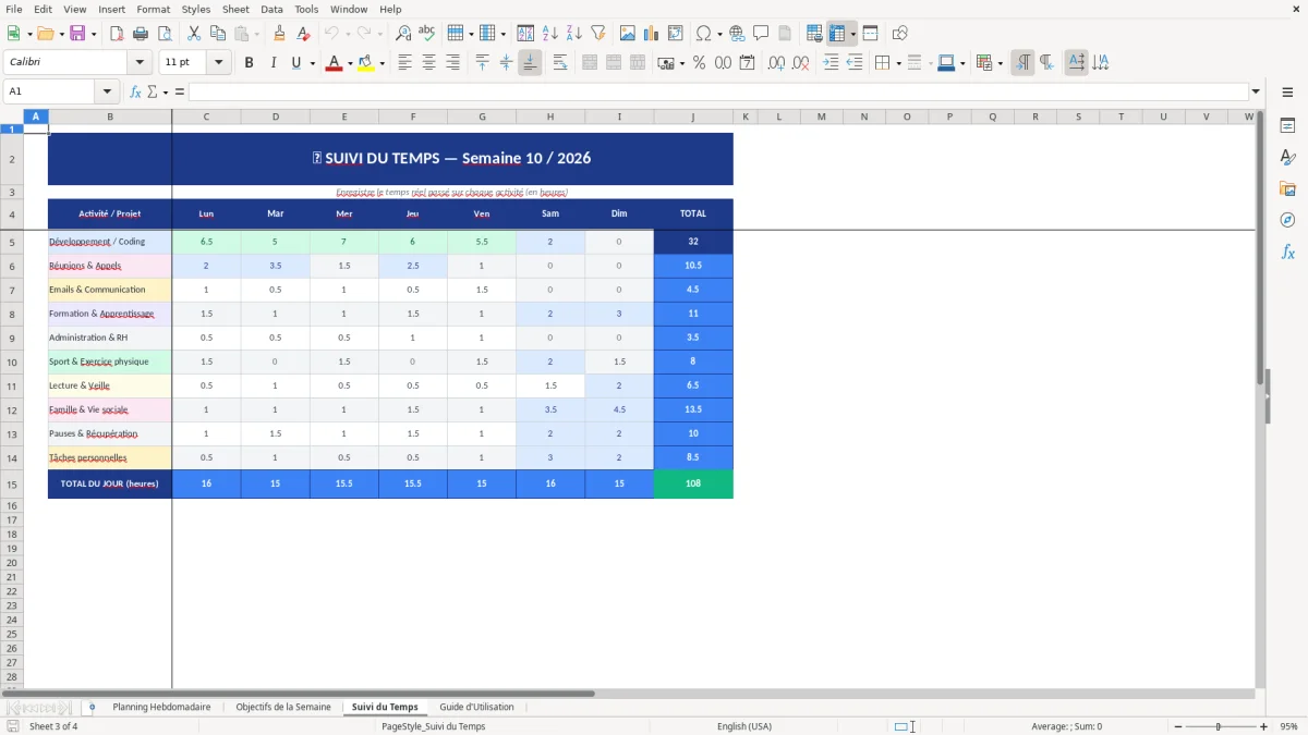 Capture d'écran 3 : Feuille Suivi du Temps - Modèle Excel modèle planning hebdomadaire excel