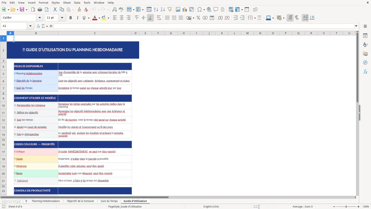 Capture d'écran 4 : Feuille Guide d'Utilisation - Modèle Excel modèle planning hebdomadaire excel