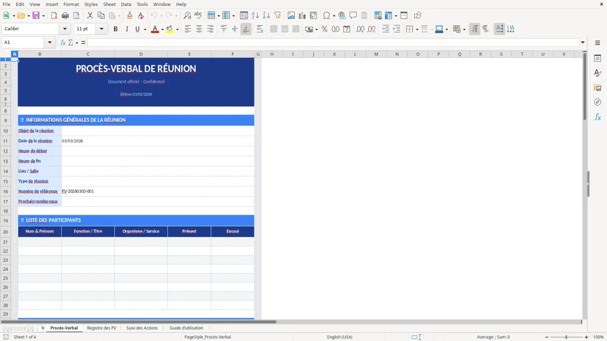 Capture d'écran 1 : Feuille Procès-Verbal - Modèle Excel modèle procès-verbal réunion excel