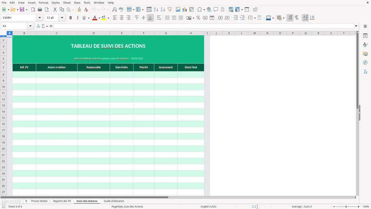 Capture d'écran 3 : Feuille Suivi des Actions - Modèle Excel modèle procès-verbal réunion excel