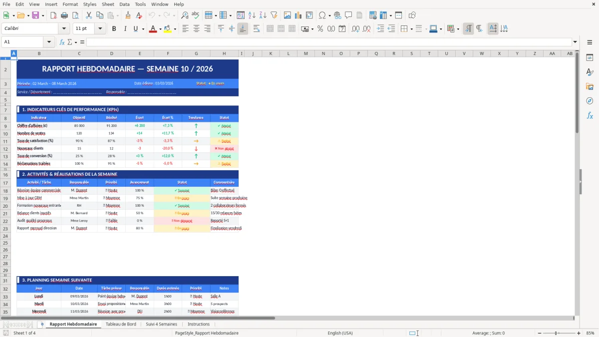 Capture d'écran 1 : Feuille Rapport Hebdomadaire - Modèle Excel modèle rapport hebdomadaire excel