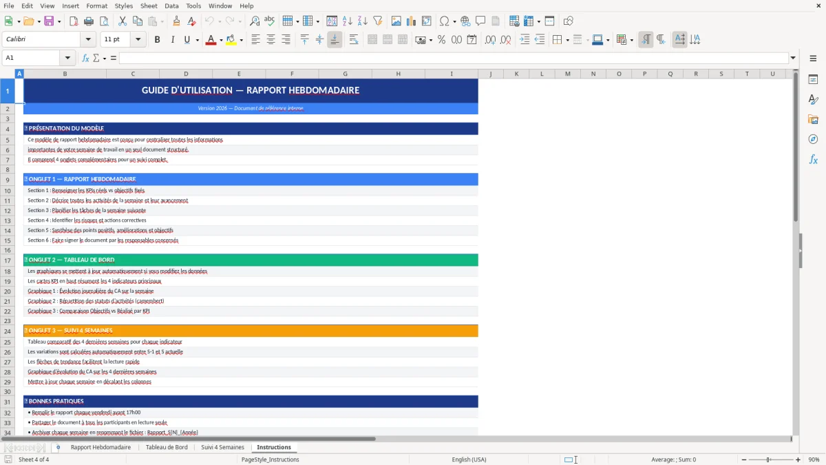 Capture d'écran 4 : Feuille Instructions - Modèle Excel modèle rapport hebdomadaire excel