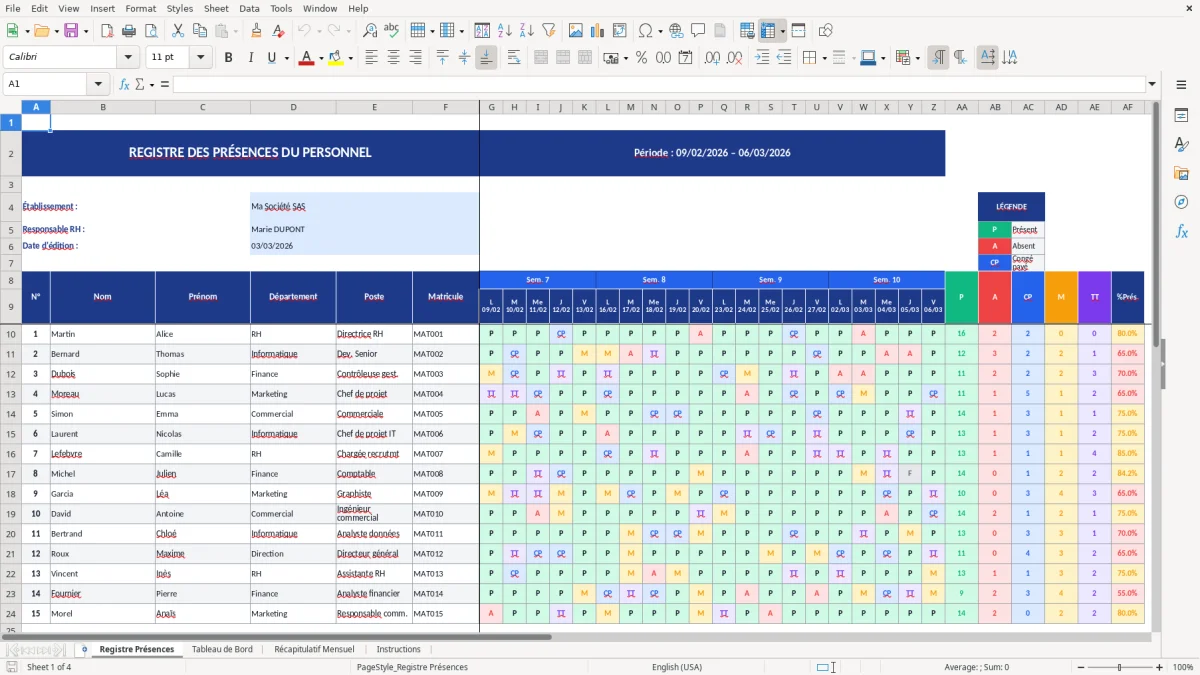 Capture d'écran 1 : Feuille Registre Présences - Modèle Excel modèle registre présences excel