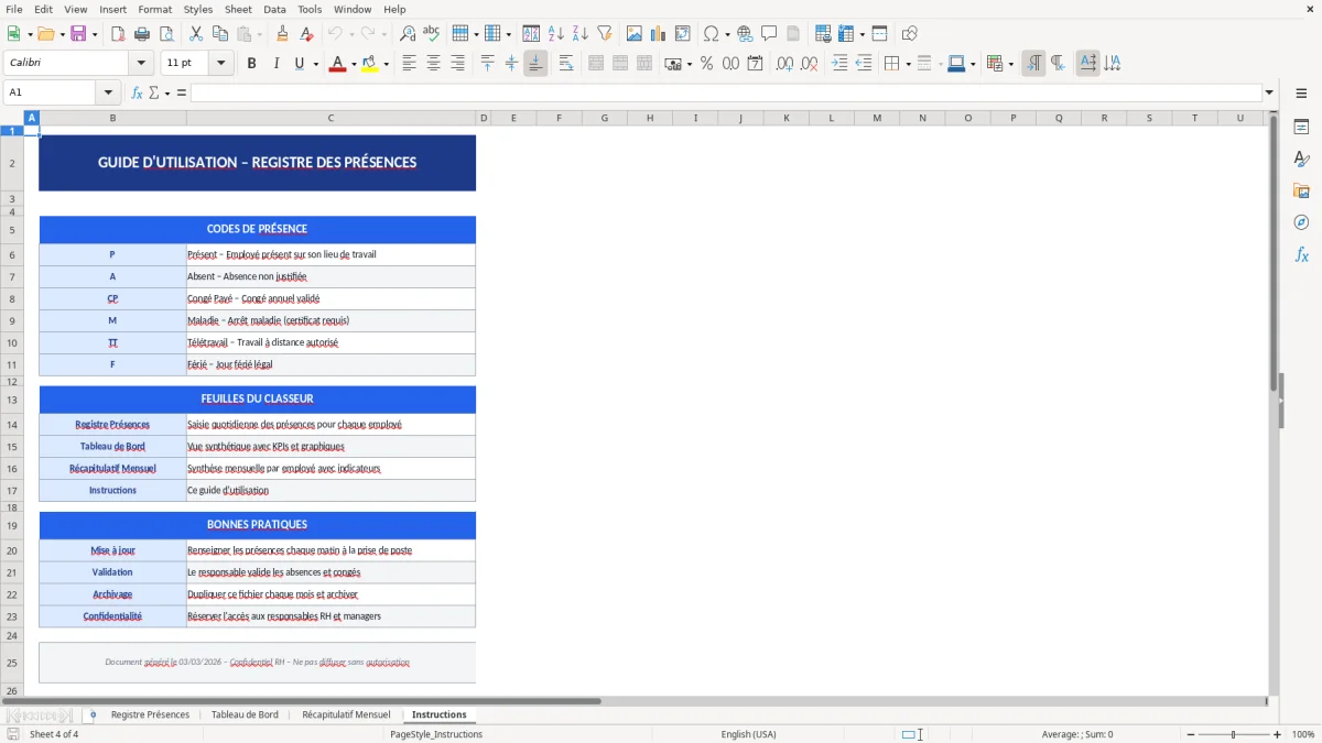 Capture d'écran 4 : Feuille Instructions - Modèle Excel modèle registre présences excel