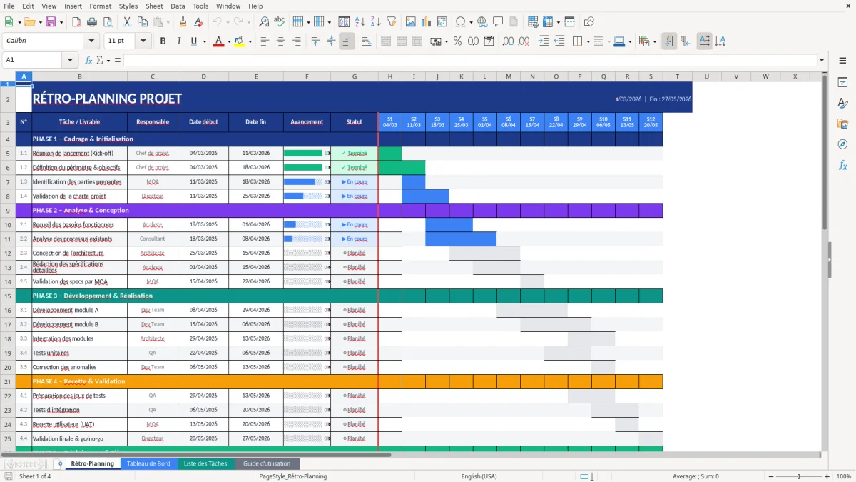 Capture d'écran 1 : Feuille Rétro-Planning - Modèle Excel modèle rétro-planning excel