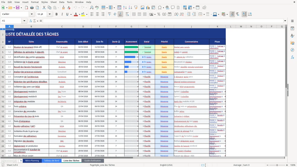 Capture d'écran 3 : Feuille Liste des Tâches - Modèle Excel modèle rétro-planning excel