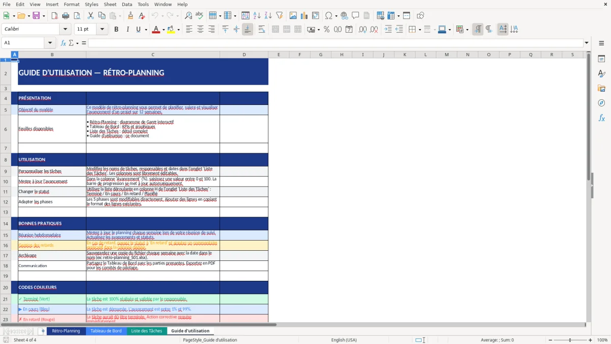 Capture d'écran 4 : Feuille Guide d'utilisation - Modèle Excel modèle rétro-planning excel