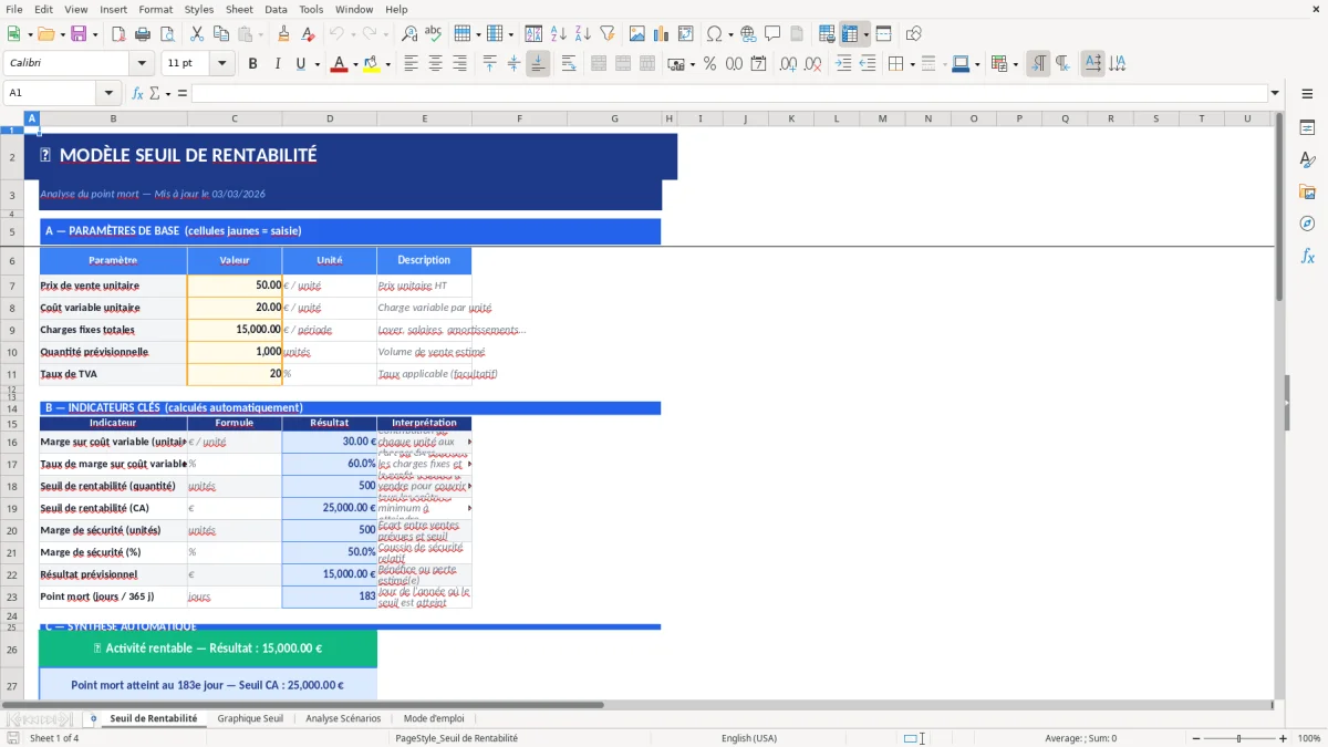 Capture d'écran 1 : Feuille Seuil de Rentabilité - Modèle Excel modèle seuil de rentabilité excel