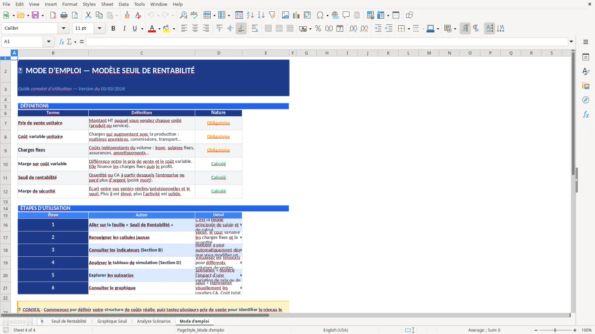 Capture d'écran 4 : Feuille Mode d'emploi - Modèle Excel modèle seuil de rentabilité excel