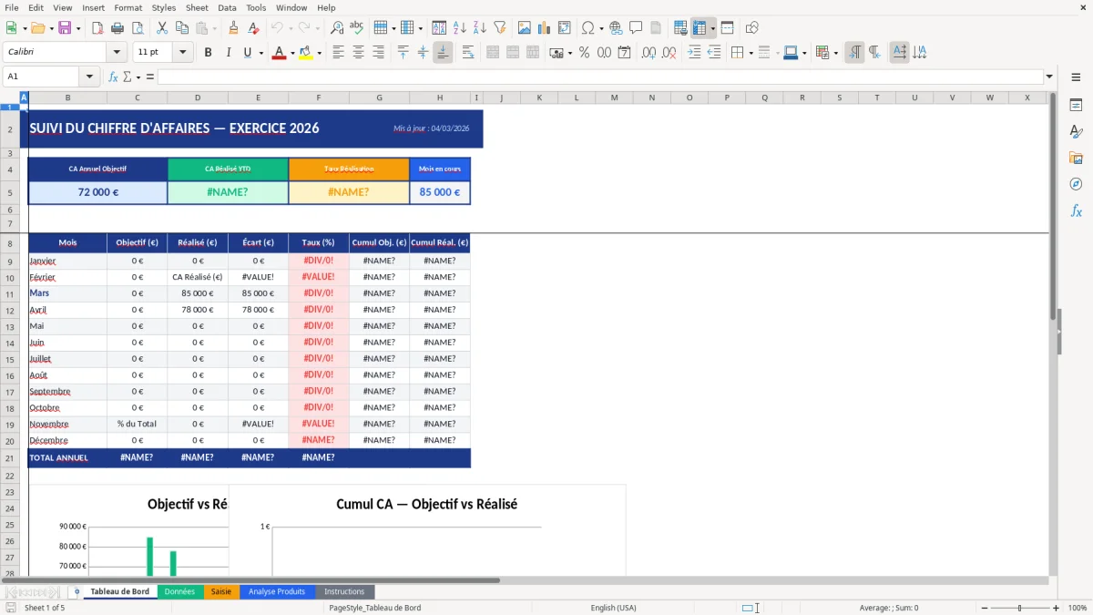 Capture d'écran 1 : Feuille Tableau de Bord - Modèle Excel modèle suivi chiffre affaires excel