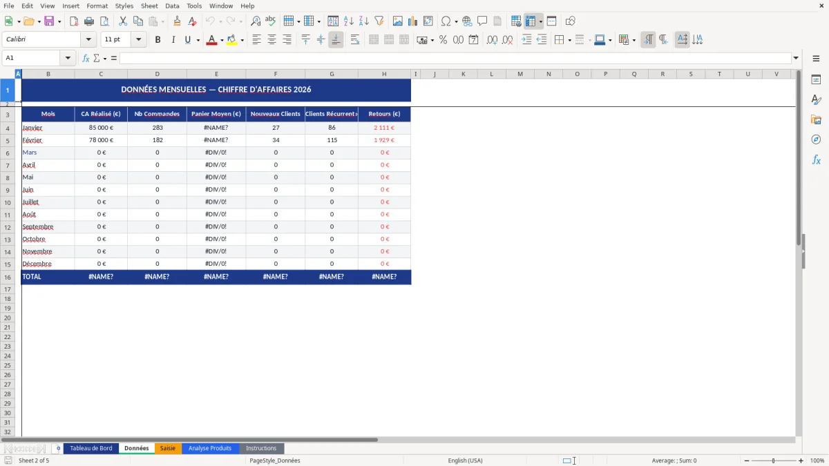 Capture d'écran 2 : Feuille Données - Modèle Excel modèle suivi chiffre affaires excel