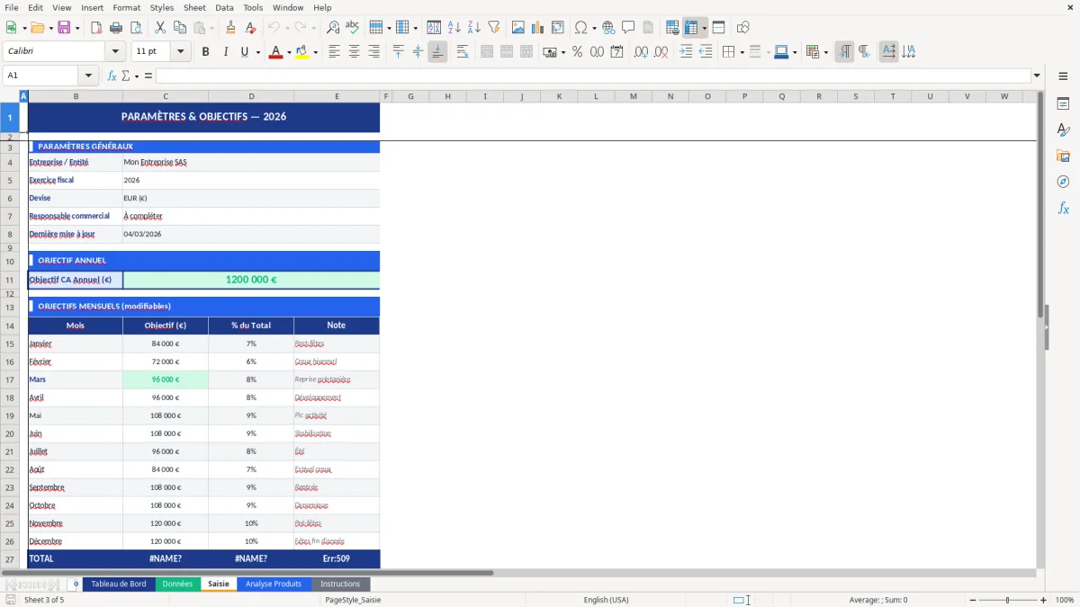 Capture d'écran 3 : Feuille Saisie - Modèle Excel modèle suivi chiffre affaires excel