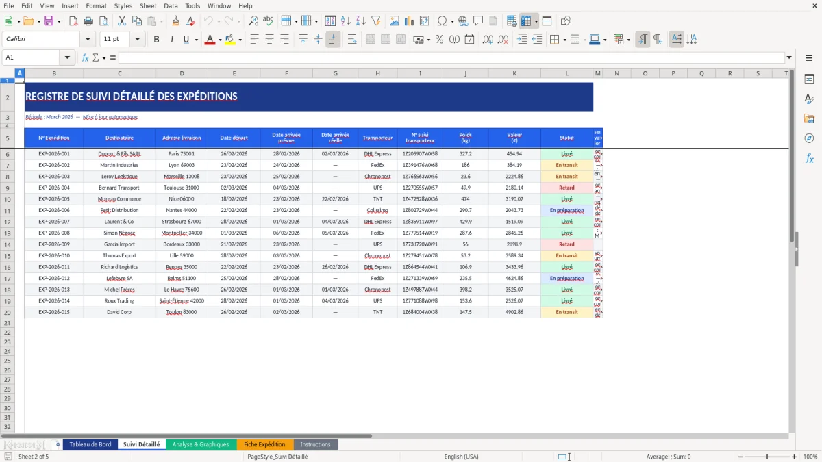 Capture d'écran 2 : Feuille Suivi Détaillé - Modèle Excel modèle suivi expéditions excel