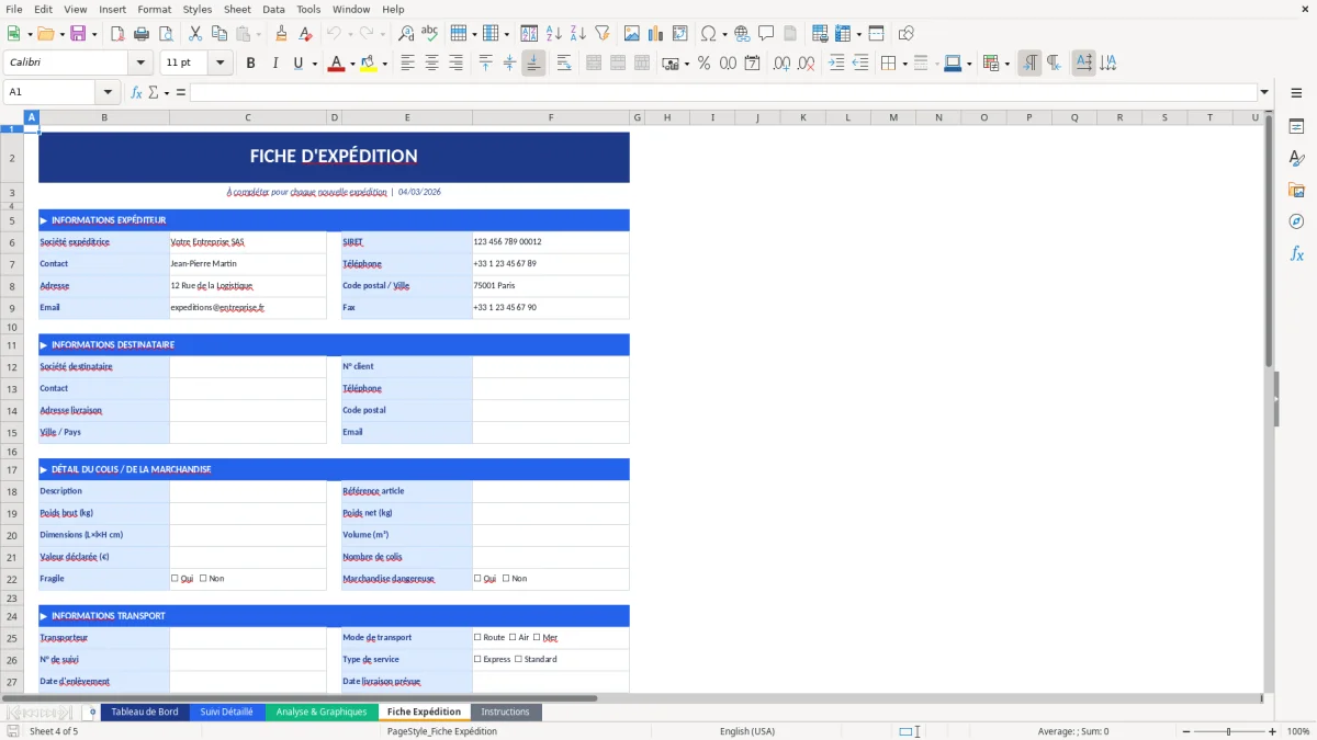 Capture d'écran 4 : Feuille Fiche Expédition - Modèle Excel modèle suivi expéditions excel