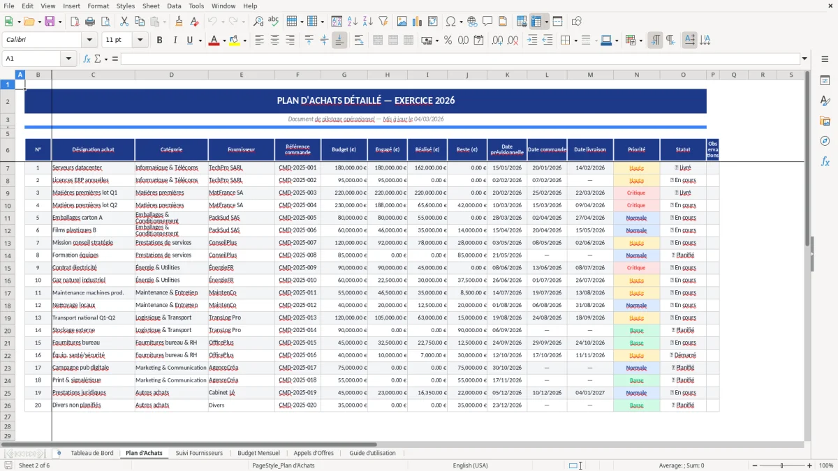 Capture d'écran 2 : Feuille Plan d'Achats - Modèle Excel plan achats entreprise excel
