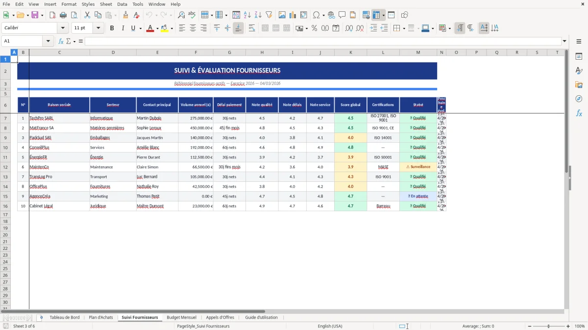 Capture d'écran 3 : Feuille Suivi Fournisseurs - Modèle Excel plan achats entreprise excel