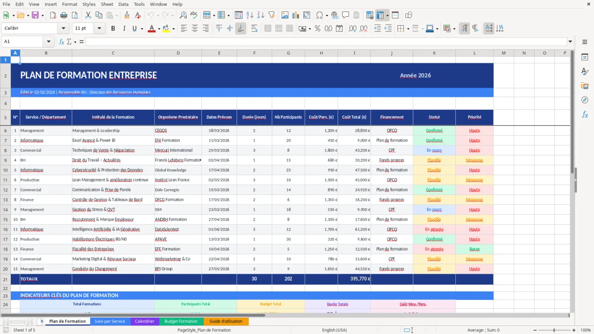 Capture d'écran 1 : Feuille Plan de Formation - Modèle Excel plan de formation entreprise excel