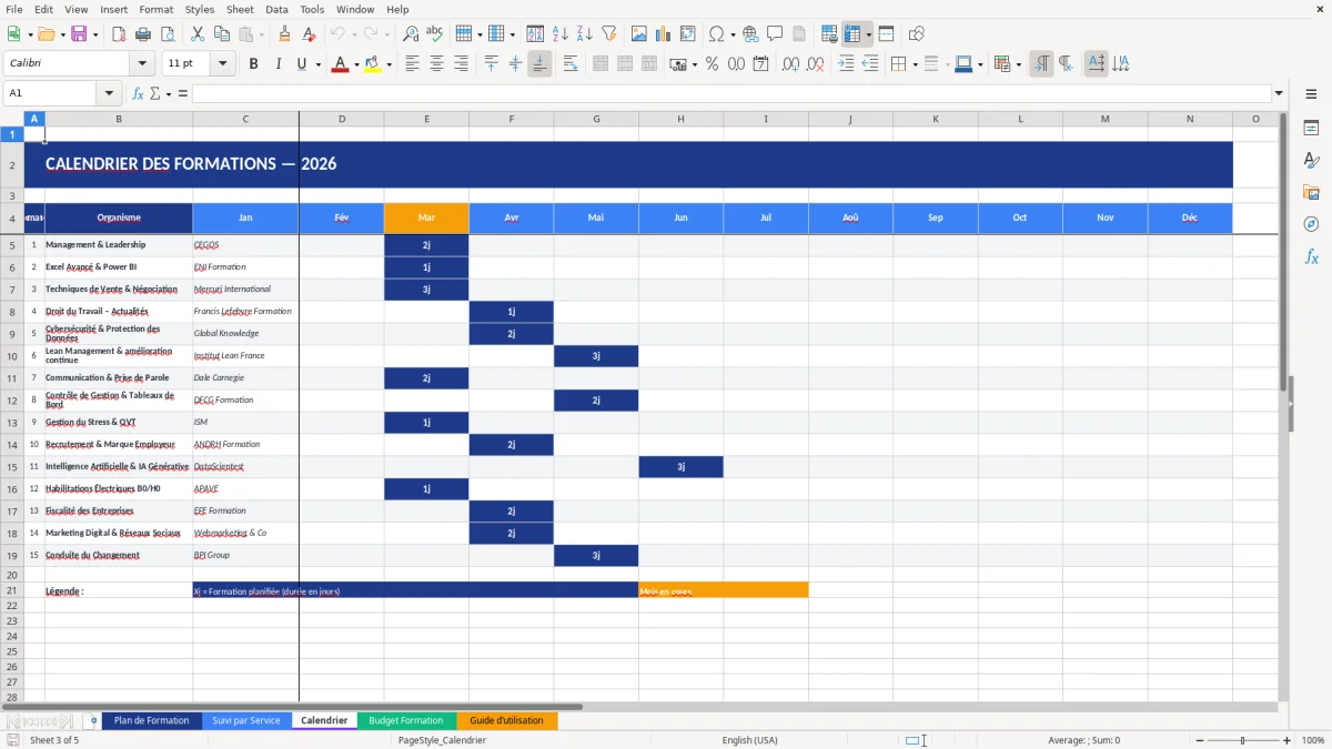 Capture d'écran 3 : Feuille Calendrier - Modèle Excel plan de formation entreprise excel