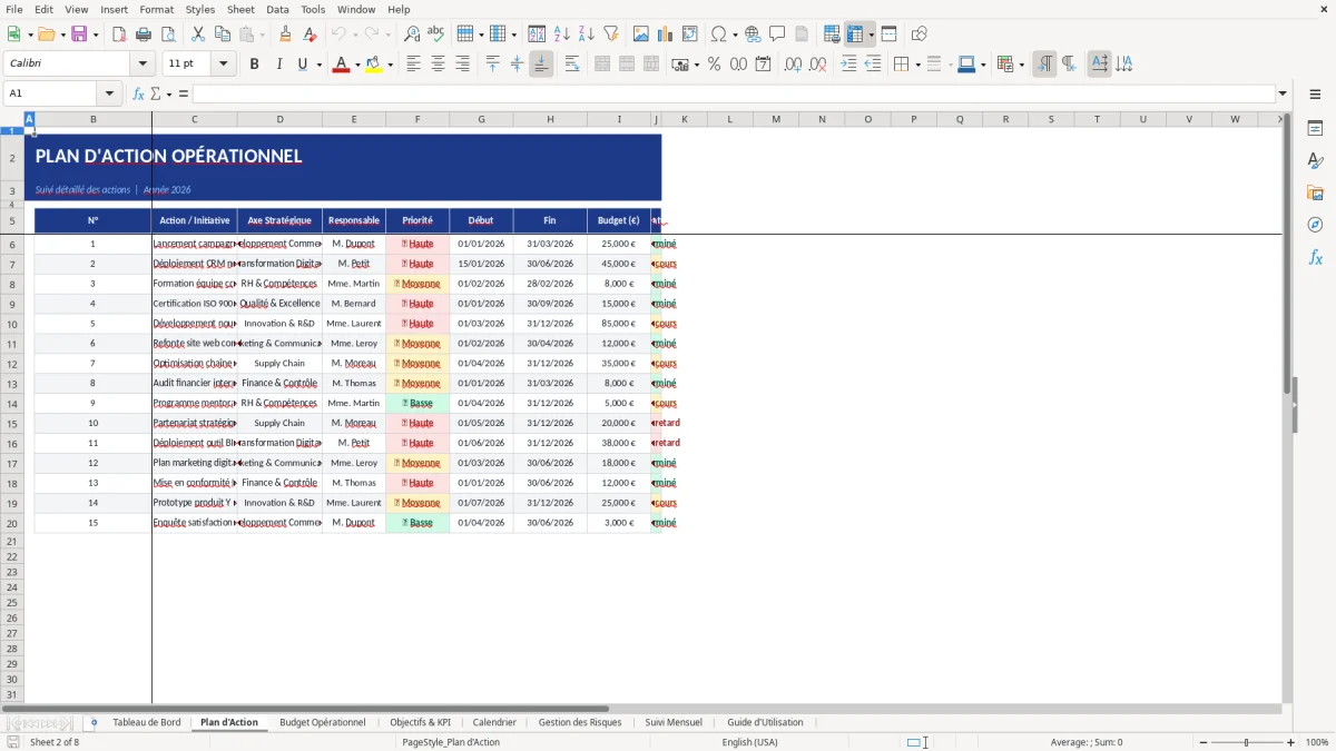 Capture d'écran 2 : Feuille Plan d'Action - Modèle Excel plan opérationnel entreprise excel