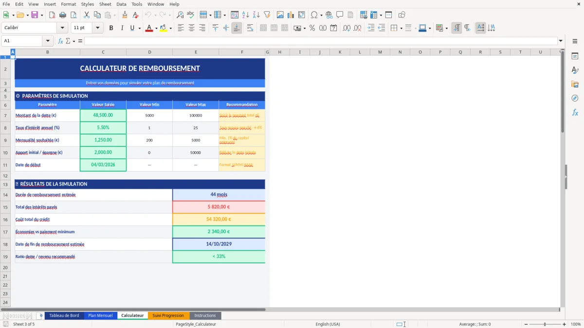 Capture d'écran 3 : Feuille Calculateur - Modèle Excel plan remboursement dettes excel