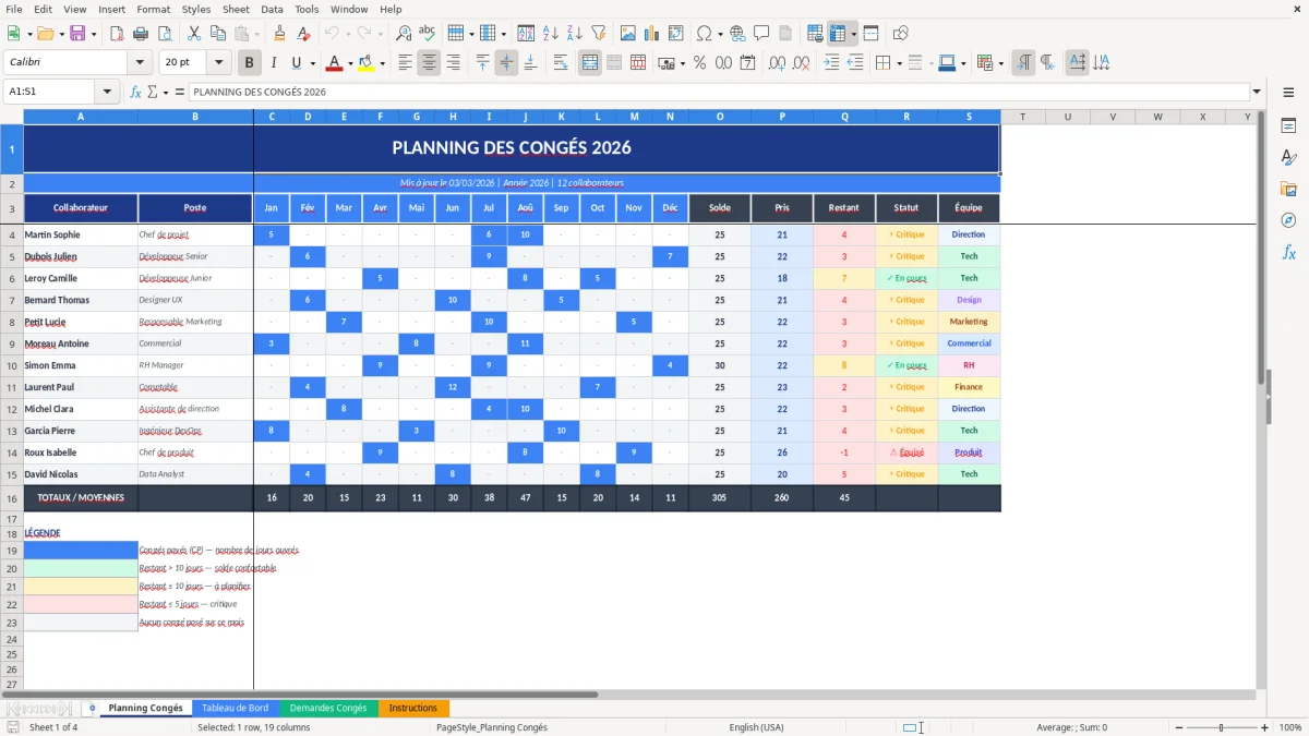 Capture d'écran 1 : Feuille Planning Congés - Modèle Excel planning congés employés excel